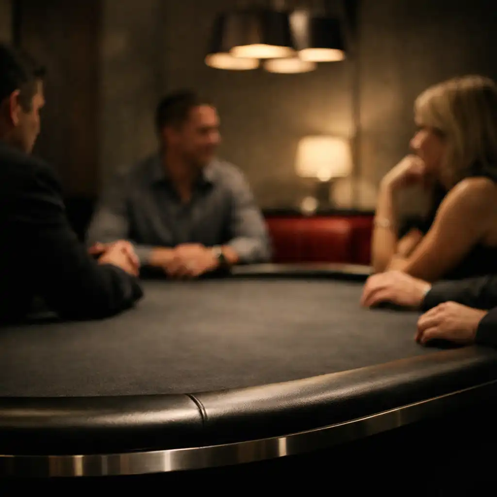 In-person poker-table lounge at Savory Gallery showing table geometry and relaxed conversation