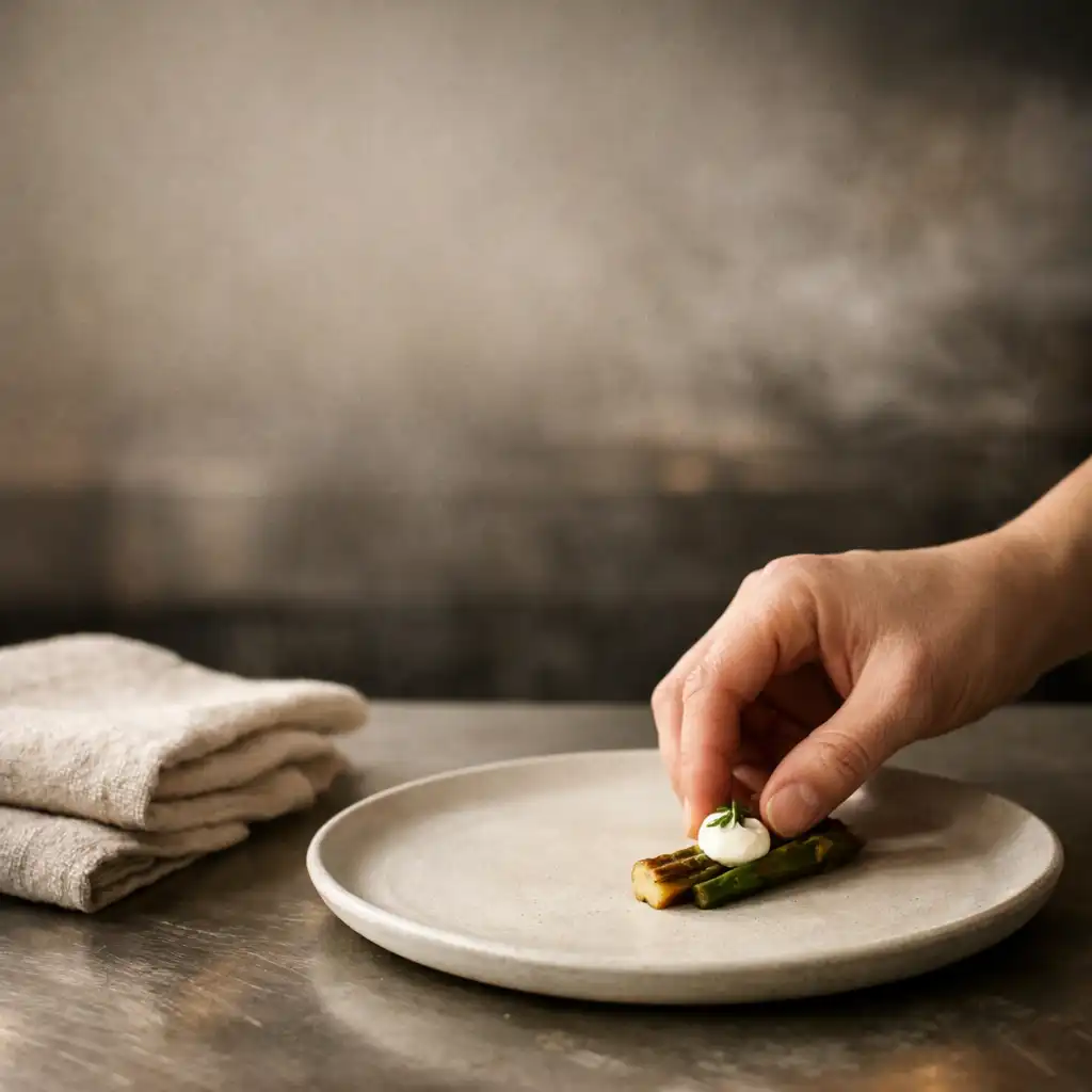 Kitchen material study with a hand arranging a plate at Savory Gallery
