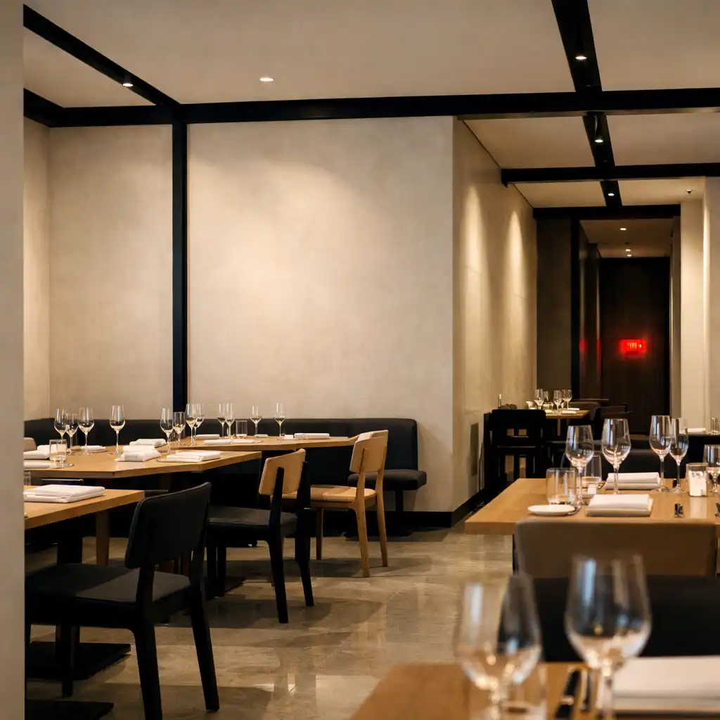Wide view of Savory Gallery's gallery-like dining interior with ordered lines and tables