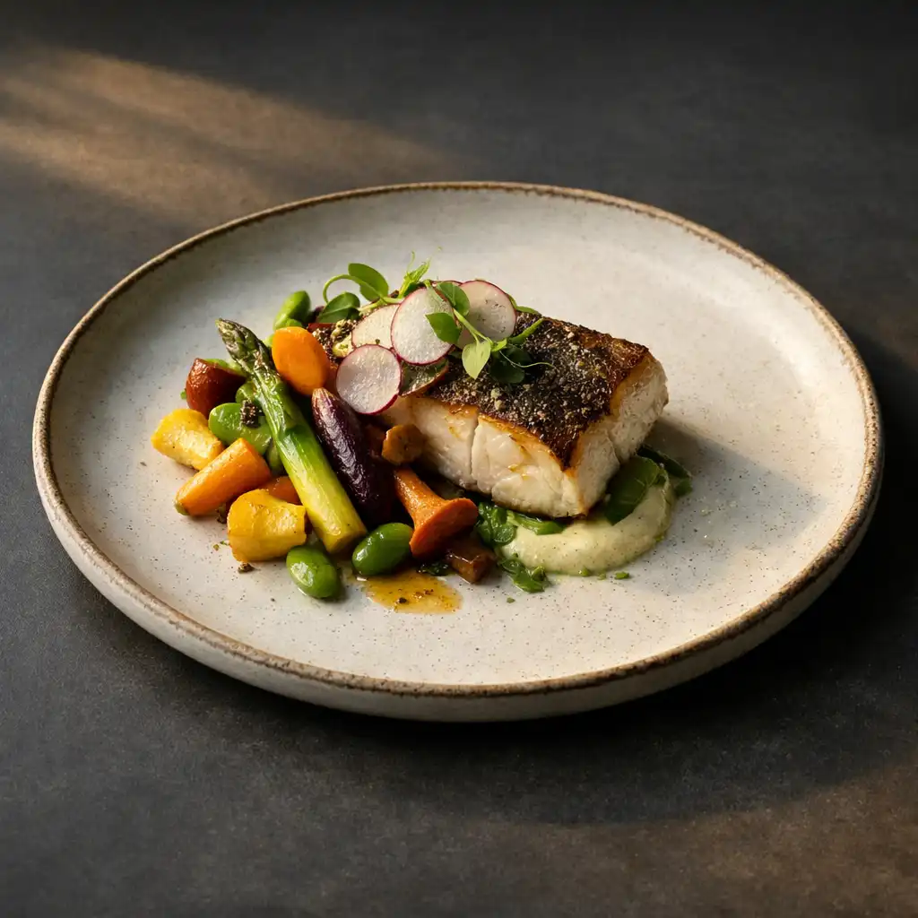 Composed seasonal plate on a dark dining surface at Savory Gallery