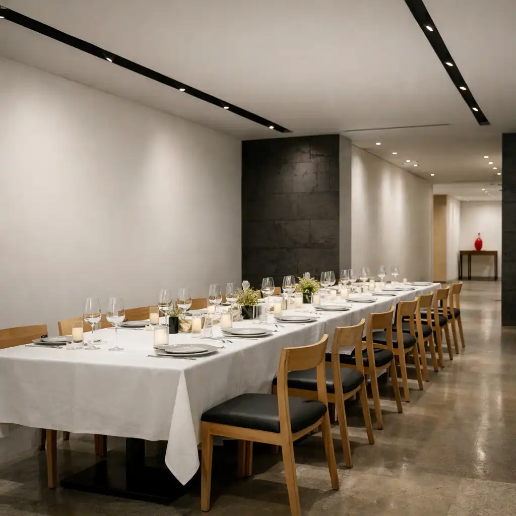 A gallery-like Savory Gallery interior prepared with a dining table