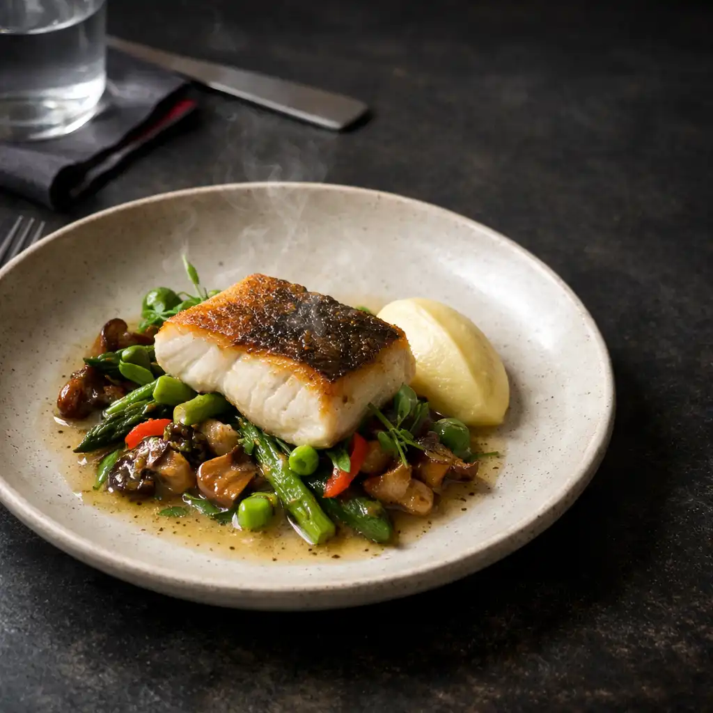 A refined seasonal plate on a dark textured dining table