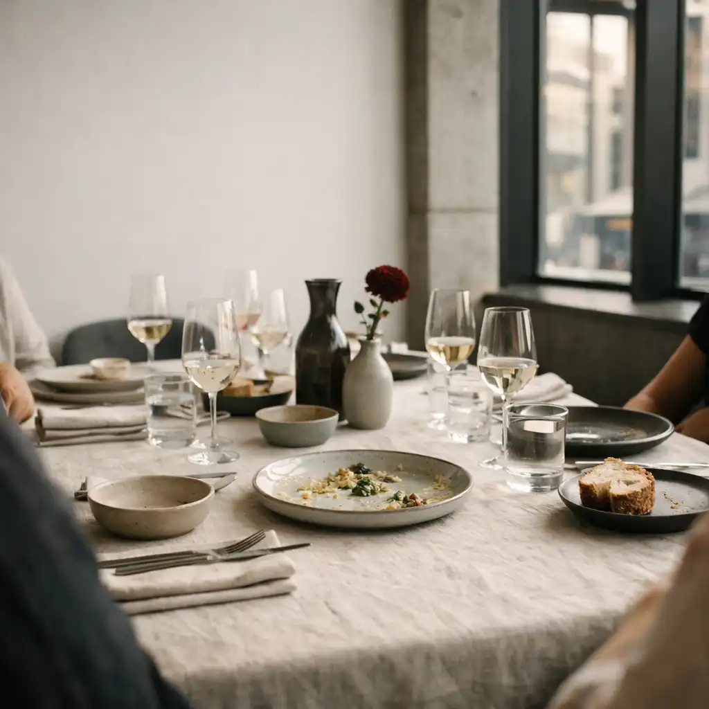 A carefully set private dining table with plates, glassware and soft guest presence