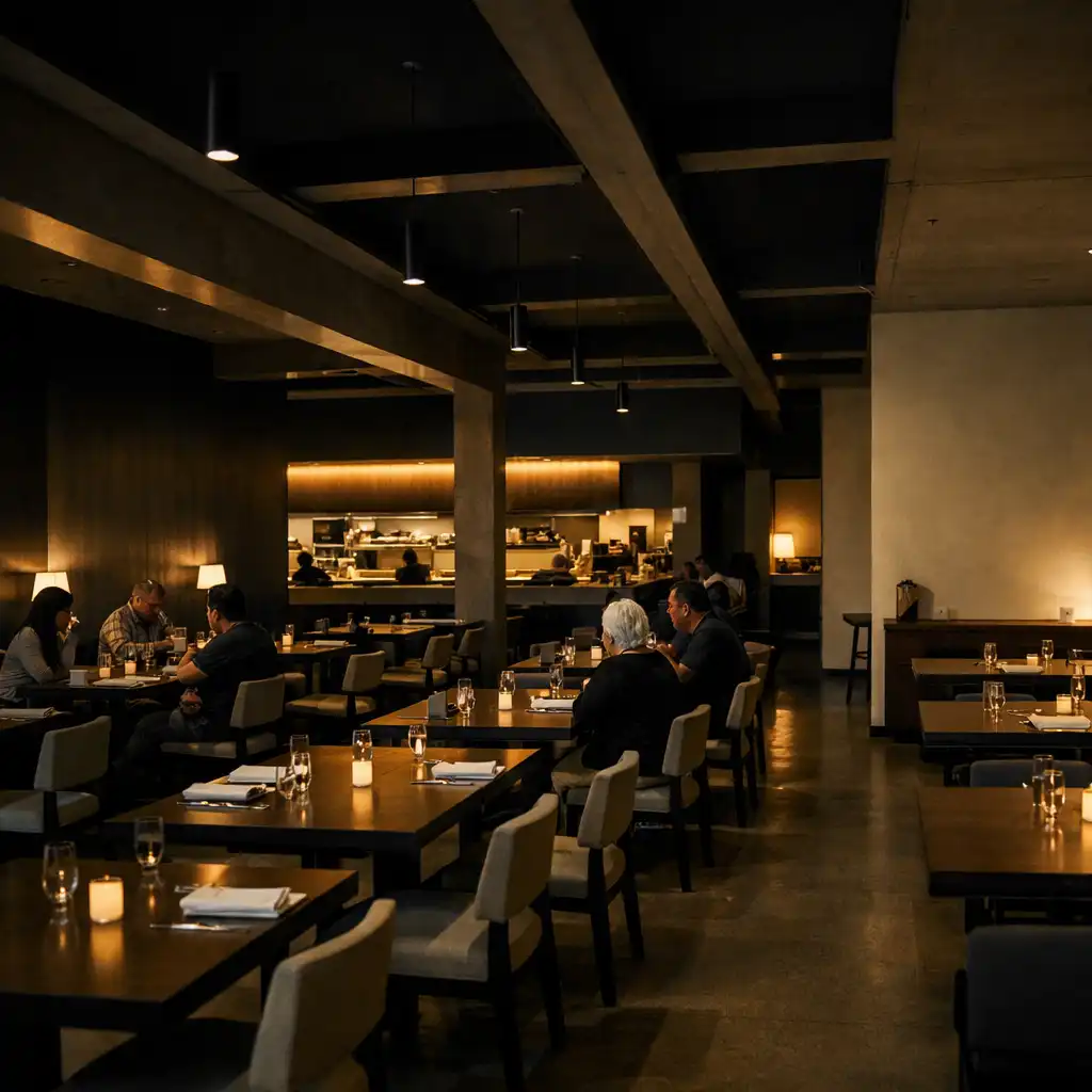 Wide view across Savory Gallery dining room with aligned tables and circulation paths.