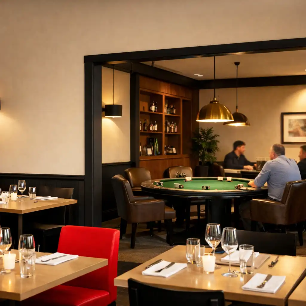 Dining room seating beside a physical poker table within Savory Gallery