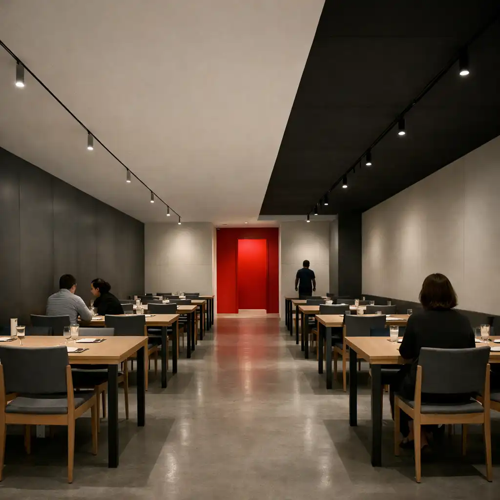 Aligned tables and guests in Savory Gallery's gallery-like Melbourne dining room