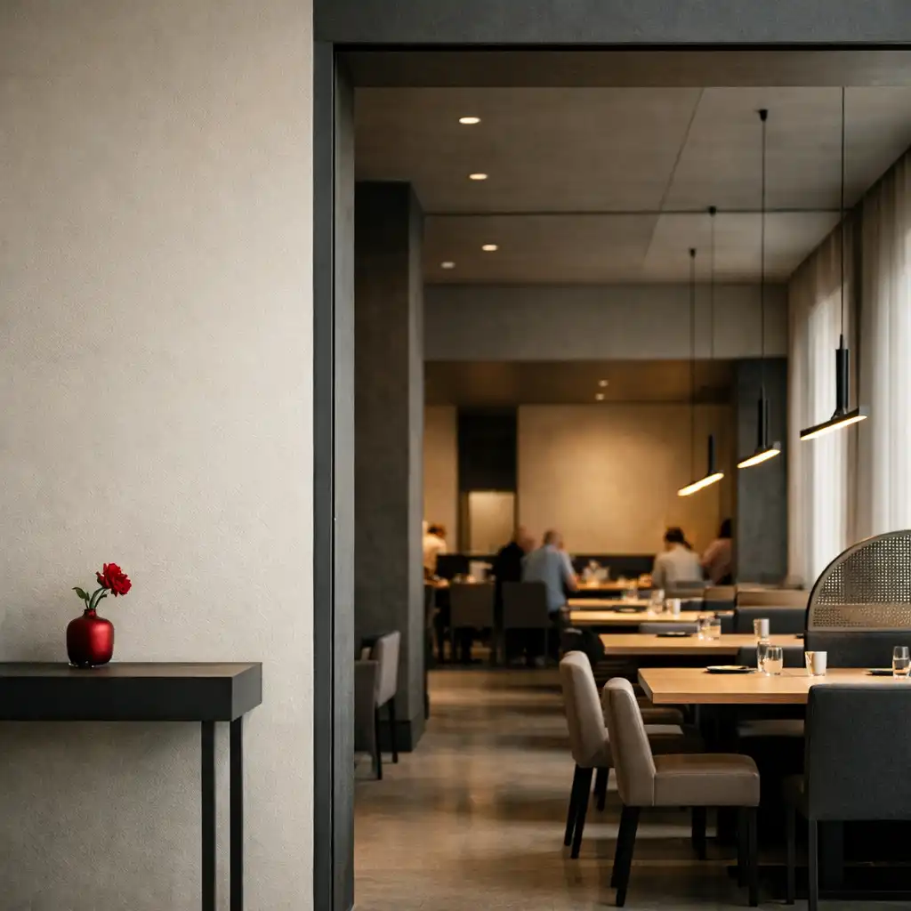 Savory Gallery interior threshold with aligned tables and architectural lines.