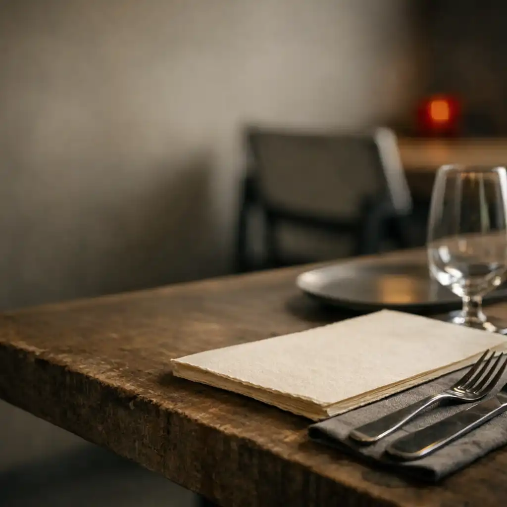 Close study of a Savory Gallery table edge, place setting and reflected interior light.