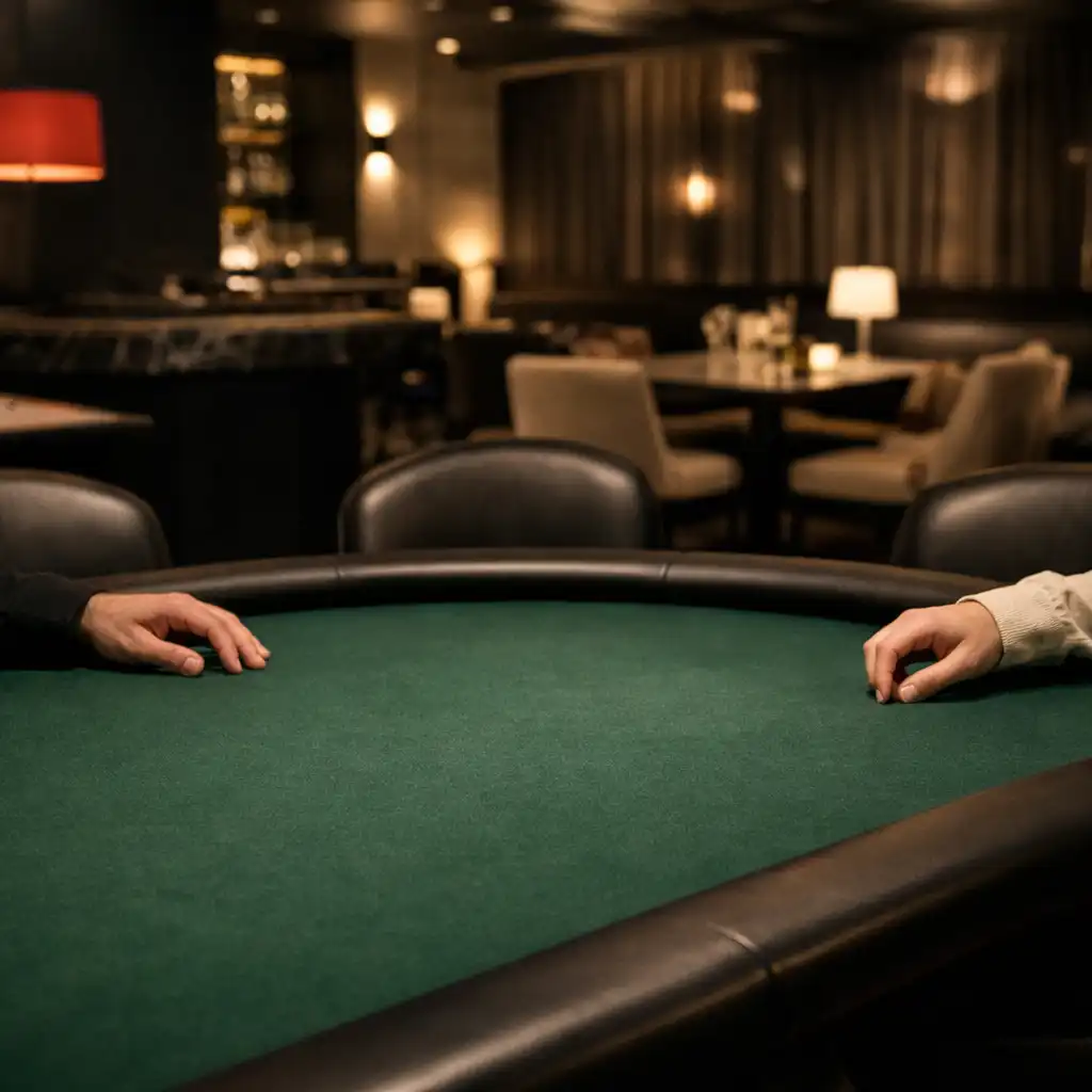Physical poker-table lounge at Savory Gallery with chairs, table geometry and guests present in person.