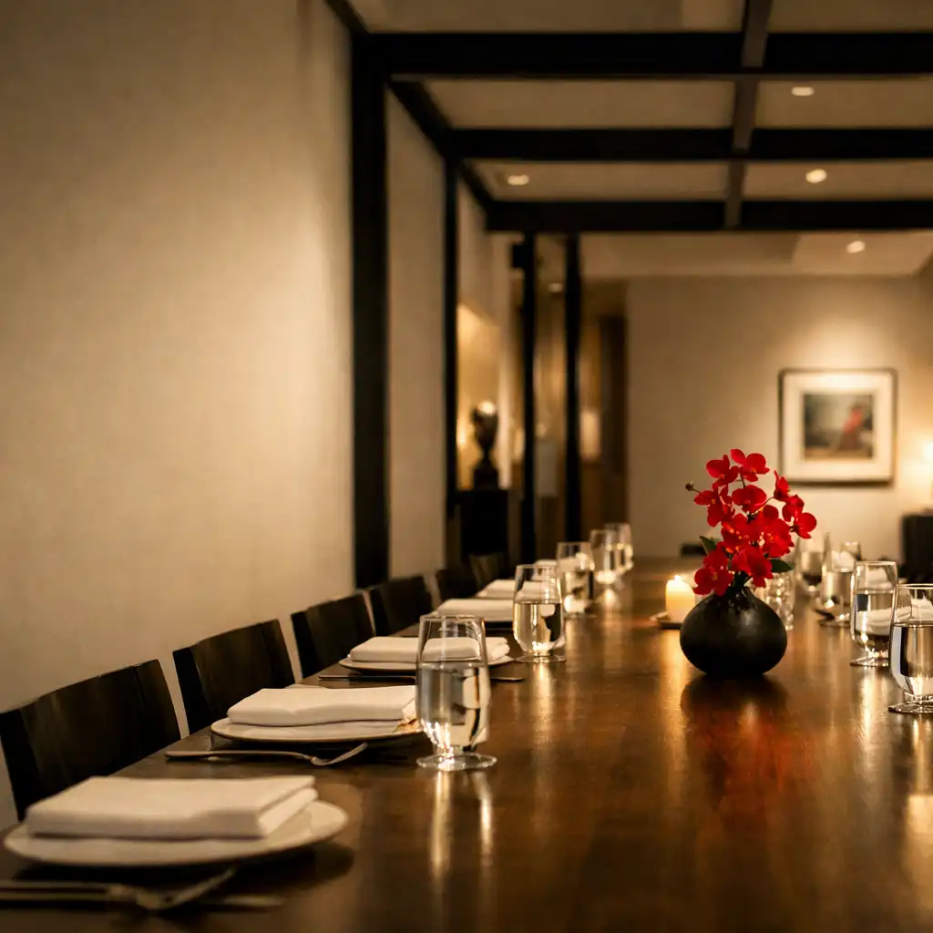 Prepared private dining table extending through Savory Gallery's interior