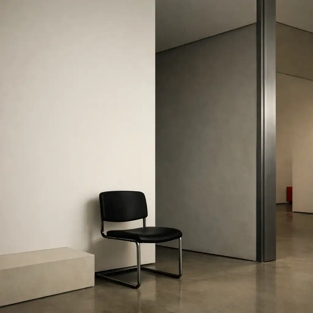 Quiet Savory Gallery interior corner with seating silhouette and layered architectural surfaces.