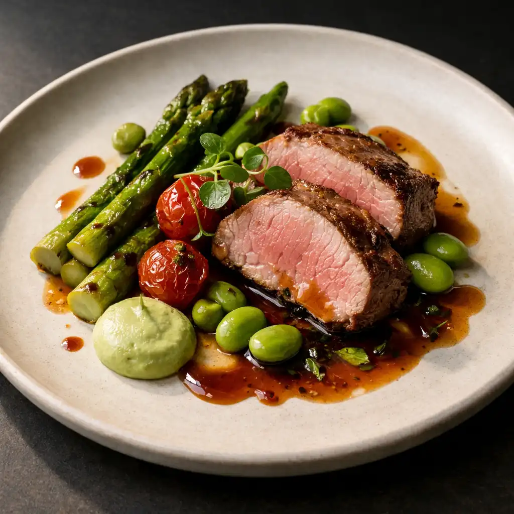 Close view of a composed seasonal dish on a pale ceramic plate