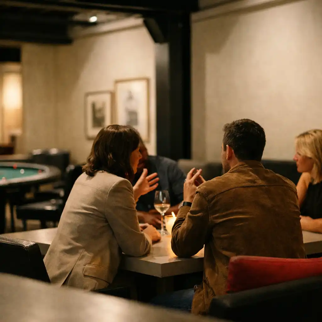 Small group gathered in conversation around a Savory Gallery table in an evening room setting.