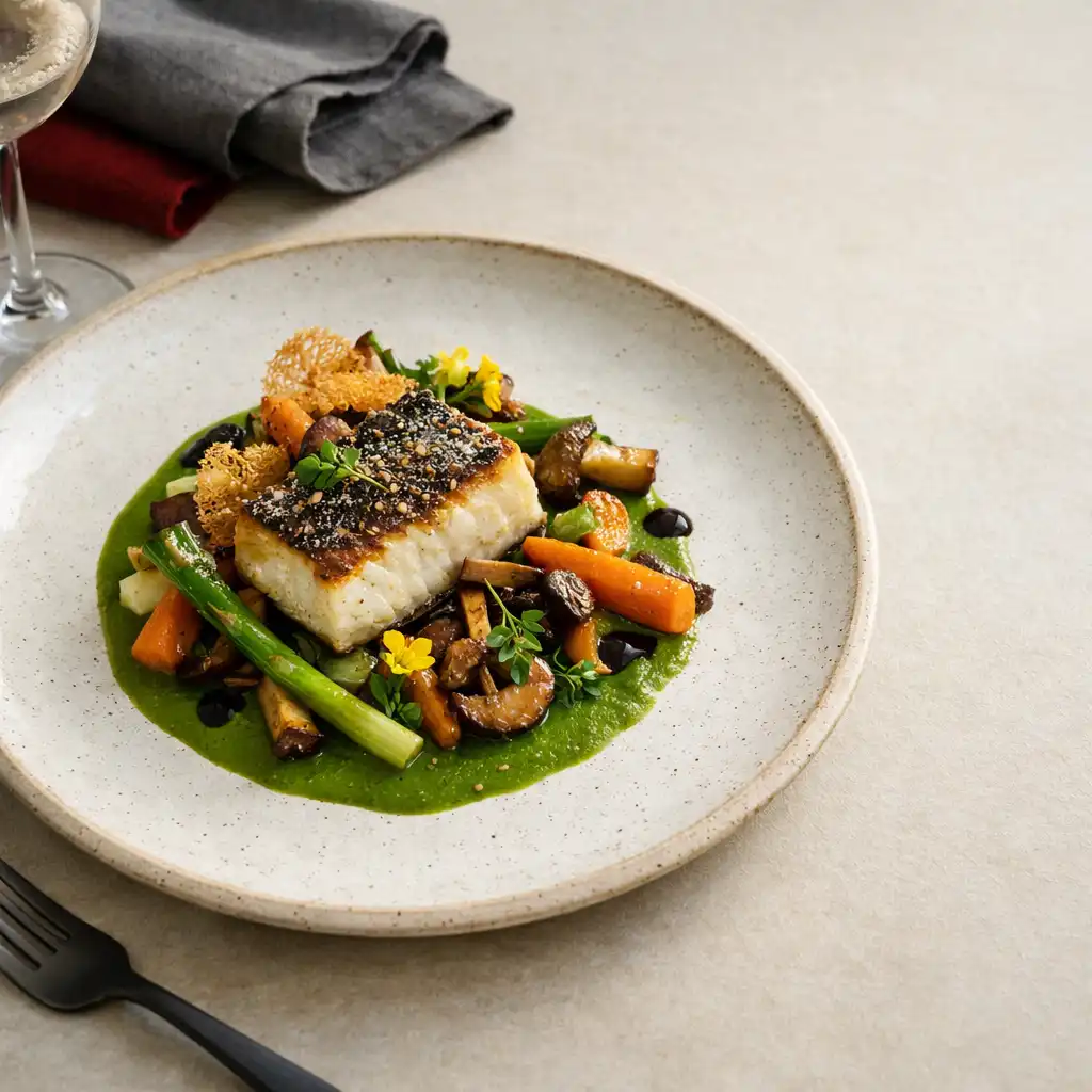 Close editorial view of a refined plated seasonal dish on a pale table surface.