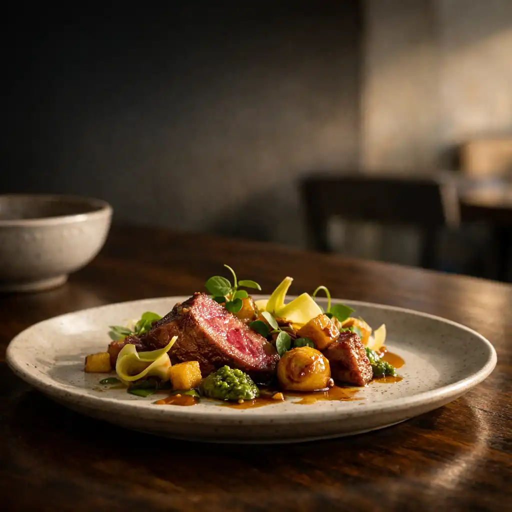 Composed seasonal plate on a dark timber dining table with quiet room geometry behind it.